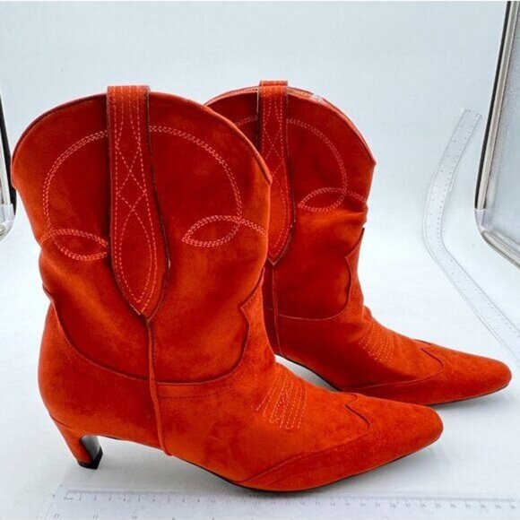 FSJ Brown Square Toe Comfort Kitten Low Heel Ankle Boot Pull On Dress Bootie - Picture 4 of 8